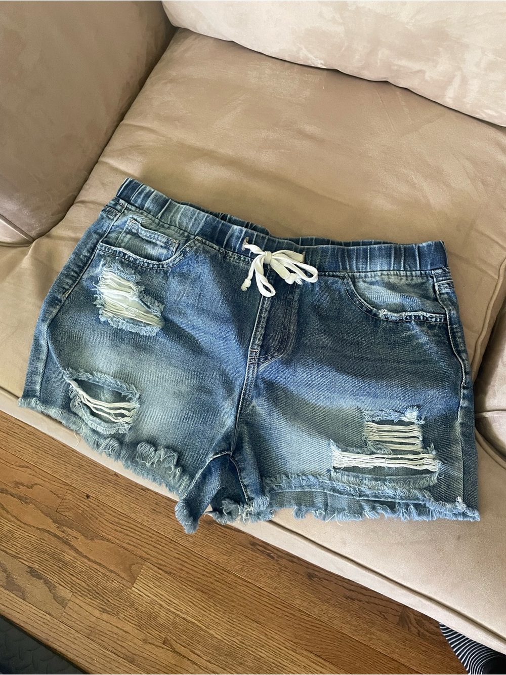 YMI Distressed Denim Jean Shorts Large Mid Rise Drawstring Waist Vacation Vibes
